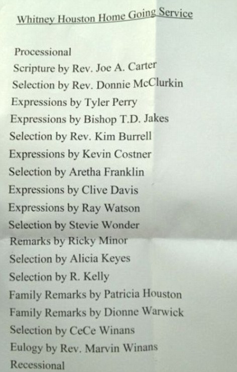 Order: Whitney Houston's Home-Going Service list